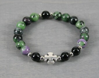 Anglican rosary stretch bracelet in ruby in zoisite and obsidian