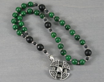 Anglican rosary in dark green jade and an Orthodox cross with Celtic trinity knots