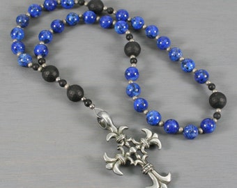 Anglican rosary in ocean blue jade and matte black onyx with a rugged antiqued pewter cross