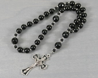 Anglican rosary in obsidian & faceted black onyx with a crucifix featuring black enameling