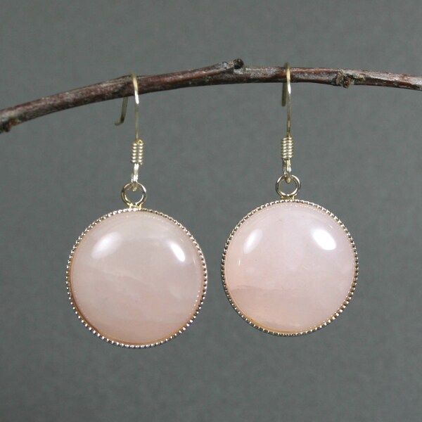 Round rose quartz stone cabochon in silver plated bezel drop earrings, January birthstone