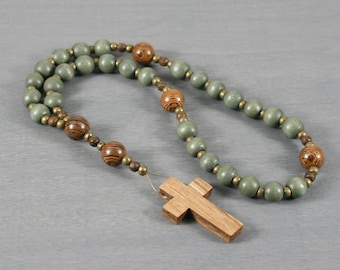 Anglican rosary in avocado green wood with an olive wood cross from the Holy Land
