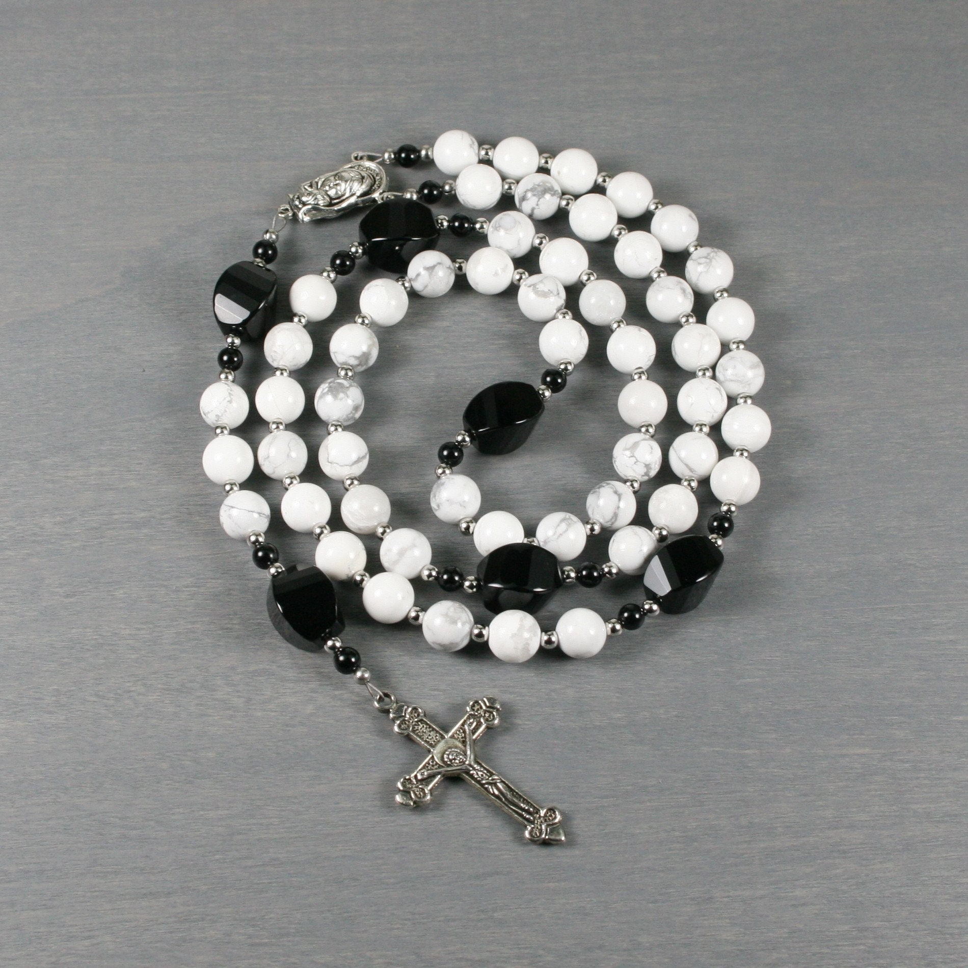 White howlite and black onyx rosary in the Roman Catholic style