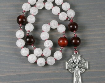 Anglican rosary in frosted white crackle agate and red ebonywood with a silver plated Celtic cross on hand-knotted cord