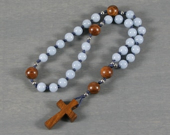 Petite Anglican rosary in angelite, palisander wood, & robles wood cross on hand-knotted cord