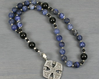 Anglican rosary in matte sodalite, obsidian, and a diamond-shaped Celtic cross
