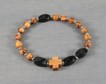 Anglican rosary stretch bracelet in olive wood and black onyx