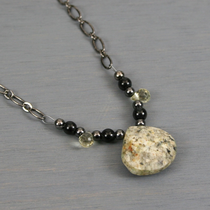 Yellow feldspar teardrop and lemon quartz briolette necklace on gunmetal chain