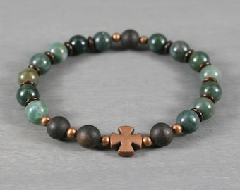 Anglican rosary stretch bracelet in moss agate, ebony blackwood, and an antiqued copper cross