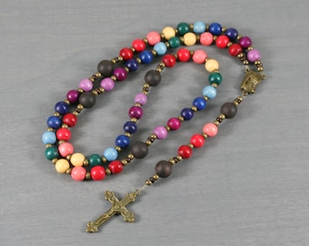 Catholic rosary in a rainbow of wood beads