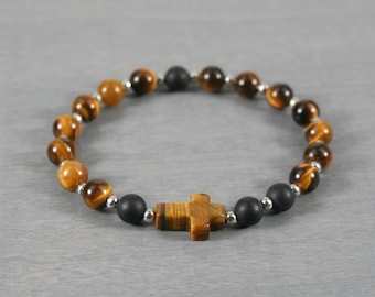 Anglican rosary stretch bracelet in tiger eye, matte black onyx, & tiger's eye cross