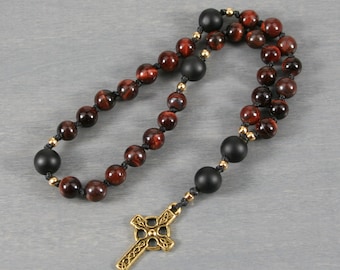 Petite Anglican rosary in red tiger eye with a Celtic cross on hand-knotted cord