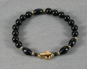Anglican rosary stretch bracelet in black onyx beads with a gold cross
