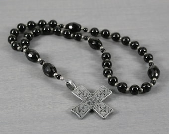 Anglican rosary in obsidian, black onyx, & an antiqued pewter cross with Celtic design
