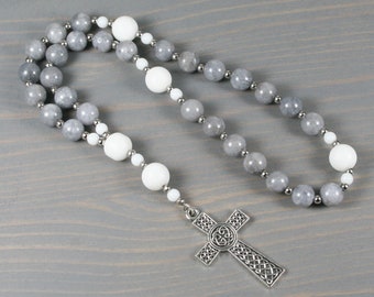 Anglican rosary in gray jade and matte snow white jade with a Celtic cross