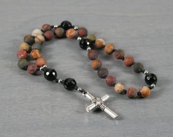 Petite Anglican rosary in matte red creek jasper & faceted black onyx on hand-knotted cord