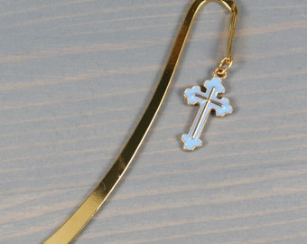Gold bookmark with dangling blue enameled cross