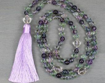 Rainbow fluorite and crystal quartz hand knotted mala in the Tibetan style with a silk tassel
