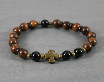 Anglican rosary stretch bracelet in palisander wood & obsidian beads with a bronze cross