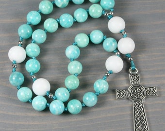 Anglican rosary in Peruvian amazonite and snow white jade with a Celtic cross on hand-knotted cord