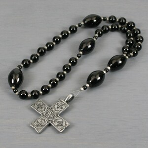 Anglican rosary in obsidian and black onyx with an antiqued pewter cross with Celtic design image 4