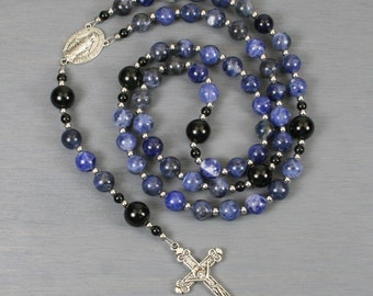 Sodalite, obsidian and silver rosary in the Roman Catholic style with a Miraculous Medal
