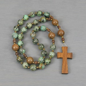 Anglican rosary in African turquoise jasper and senna siameawood beads with a robles wood cross