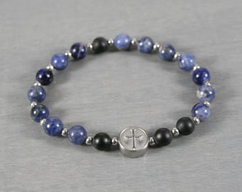 Anglican rosary stretch bracelet in sodalite, matte black onyx, and a stainless steel cross