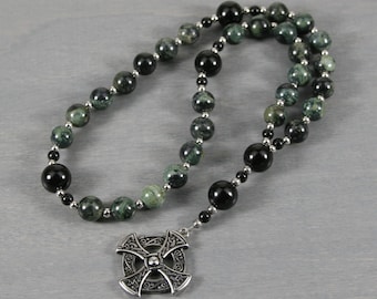 Anglican rosary in kambaba jasper, obsidian, and a stainless steel round Celtic cross