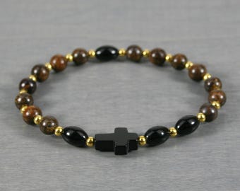 Anglican rosary stretch bracelet in bronzite with a black onyx cross