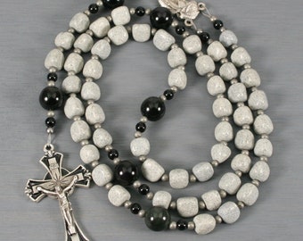 Black spot feldspar, obsidian, and silver rosary in the Roman Catholic style