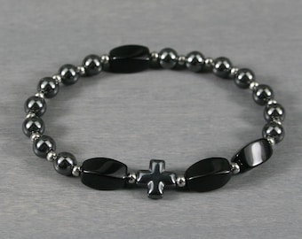 Anglican rosary stretch bracelet in hematite and black onyx with a hematite cross bead