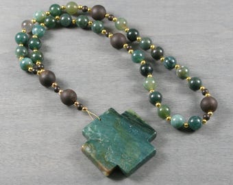 Anglican rosary in moss agate, ebony blackwood, and a fancy jasper Swiss cross