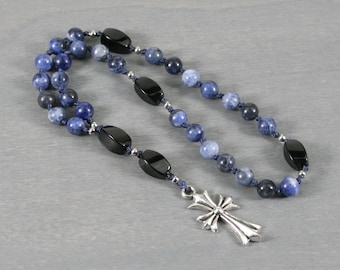 Petite Anglican rosary in sodalite and black onyx on hand-knotted cord