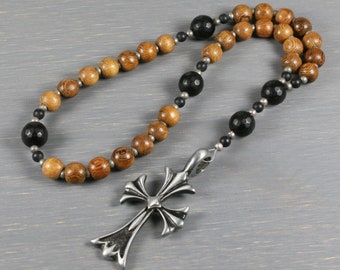 Anglican rosary in wood and faceted matte black onyx with an antiqued pewter cross