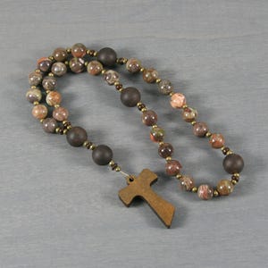 Anglican rosary in sierra agate and ebony blackwood with a Franciscan Tau wood cross