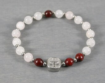 Small Anglican rosary stretch bracelet in rose quartz & red ebony wood