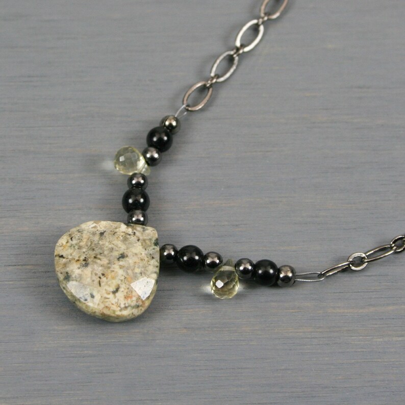 Yellow feldspar teardrop and lemon quartz briolette necklace on gunmetal chain