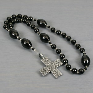 Anglican rosary in obsidian and black onyx with an antiqued pewter cross with Celtic design image 1