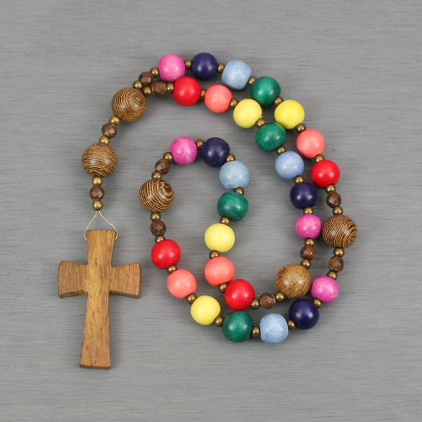 Anglican rosary with wood beads and cross in rainbow colors