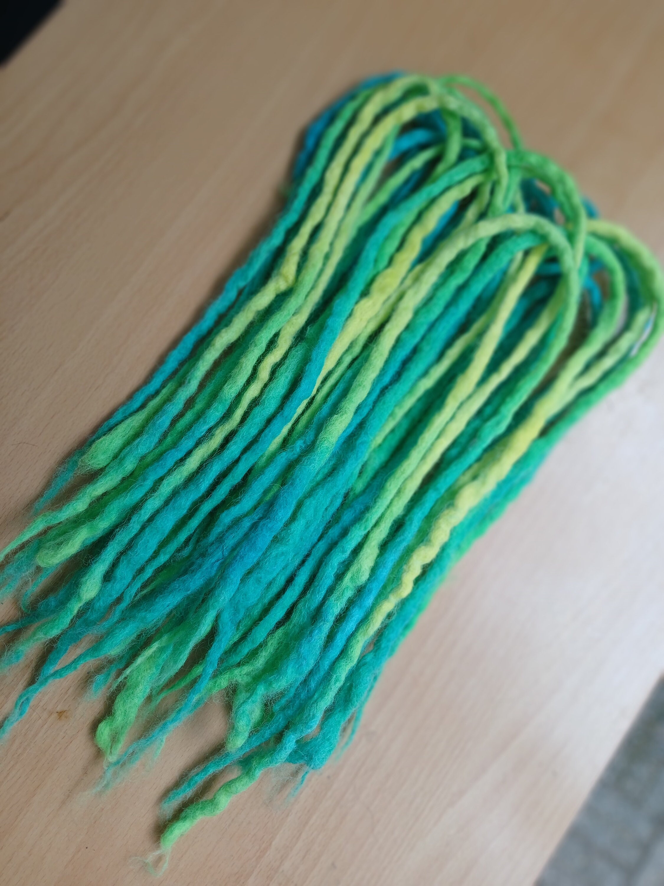 22 Double-ended Wool Dreadlocks – Blue, Green & Yellow Fairy 