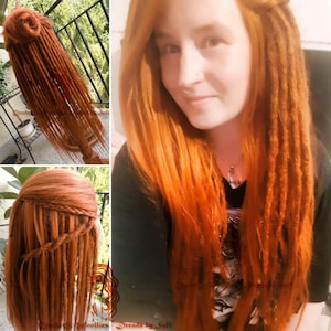 May include: A collection of vibrant orange dreadlocks, styled in various ways. One image shows the dreads cascading down, another features a braided crown, and a third displays a bun. The hair is a fiery shade, suggesting a bold and unique style.