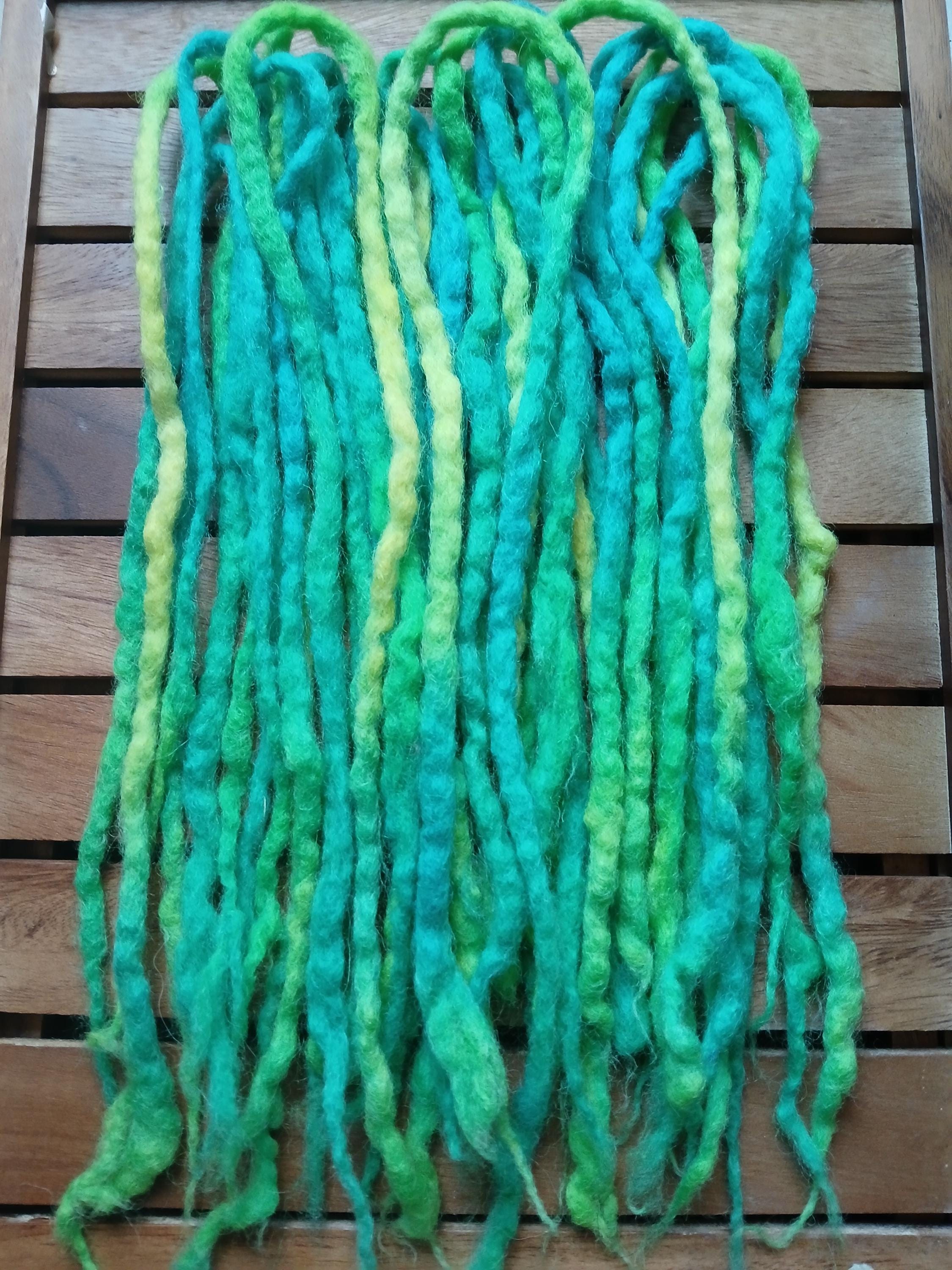 18 Tangled pixie wool double ended dreads 22 Double-ended Wool Dreadlocks – Blue, Green & Yellow Fairy  main image 3