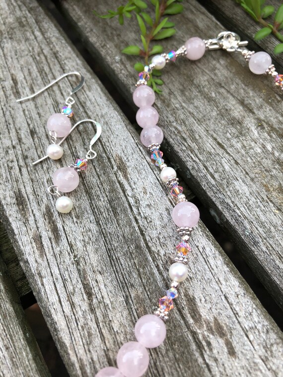 Rose Quartz Freshwater Pearl Swarovski Crystal and Sterling