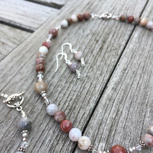 Bamboo Jasper, Freshwater Pearl, Swarovski Crystal and Sterling Necklace Suite