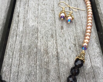Smoky Quartz, Pearl, Swarovski Crystal and Gold Necklace Set