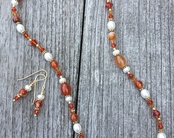 Red Agate, Freshwater Pearl, Swarovski Crystal and Gold Filled Necklace Set