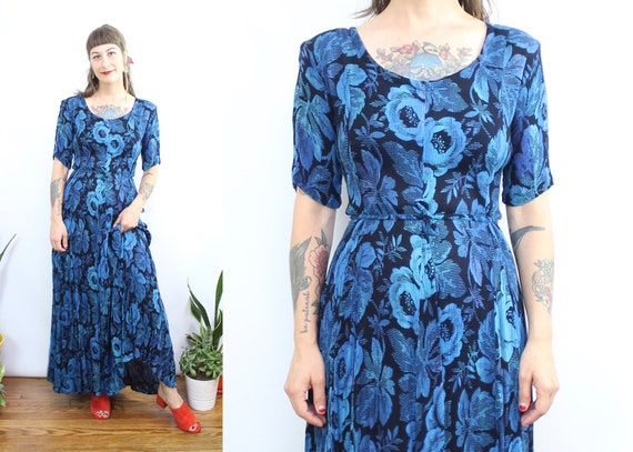 Vintage 90's Blue Floral Gauze maxi dress / 1990's