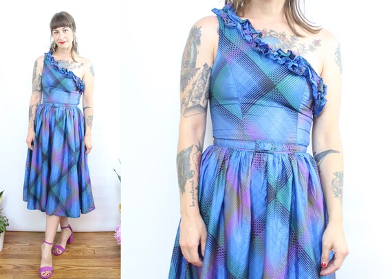 Vintage 80's Plaid Acetate One Shoulder Party Dres