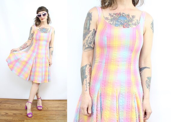 Vintage 90's rainbow Plaid Dress / 1990's Spring S
